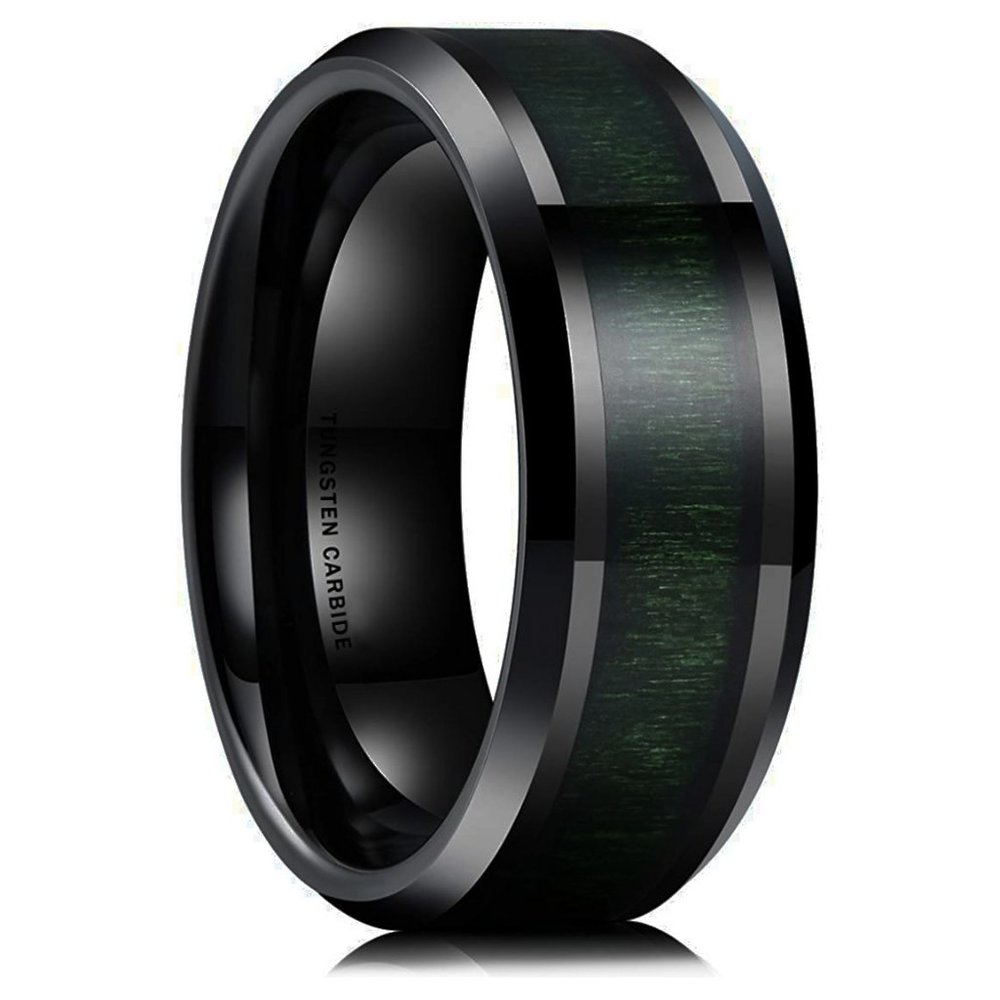 Mens Tungsten Wedding Band 8mm. Black w/ Ultra Dark Green Wood Inlay & Beveled.